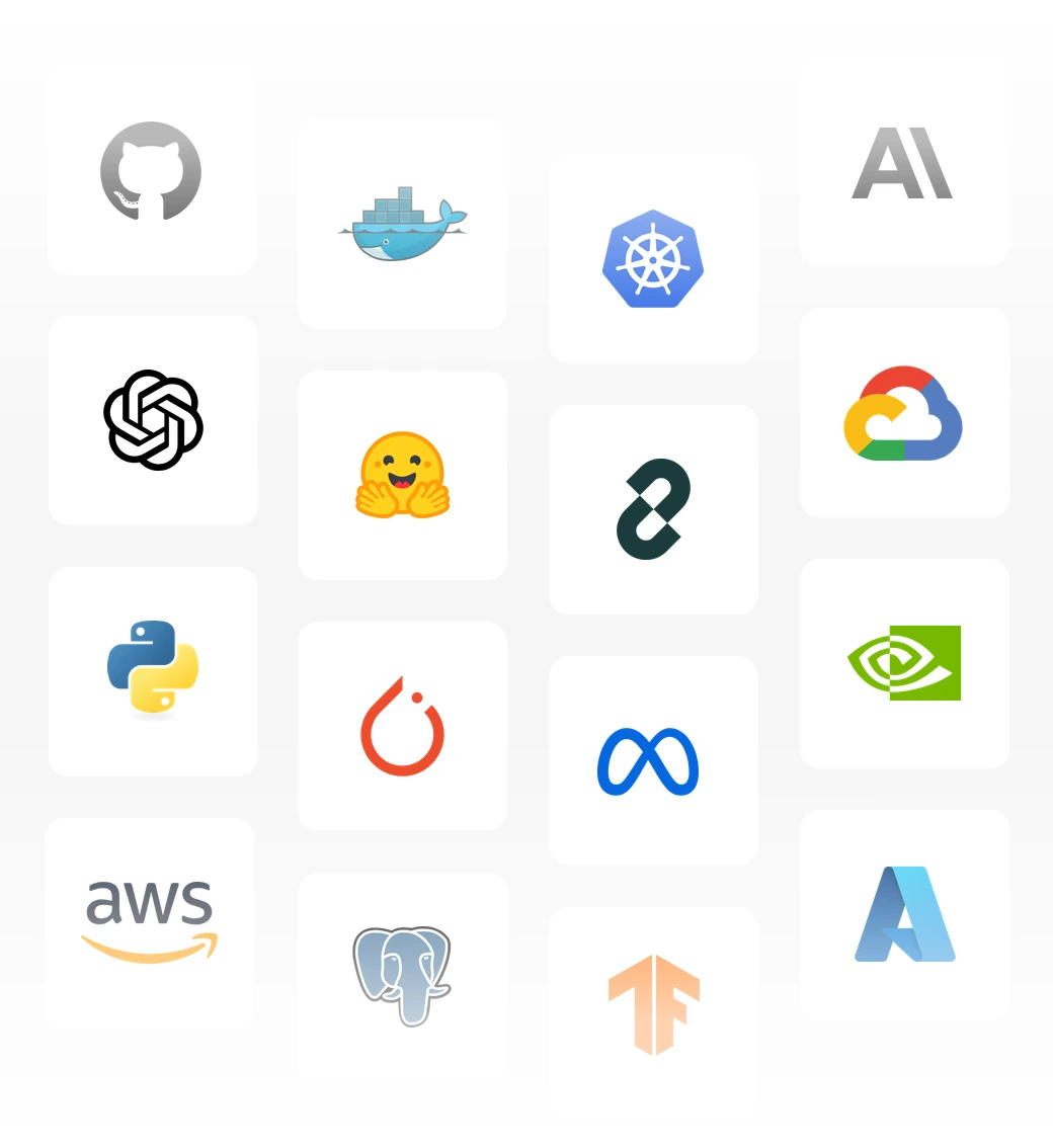Technologies we work with: OpenAI, Hugging Face, LangChain, Meta Llama, Anthropic, PyTorch, TensorFlow, Python, NVIDIA, Google Cloud, AWS, Azure, Docker, Kubernetes, PostgreSQL and GitHub